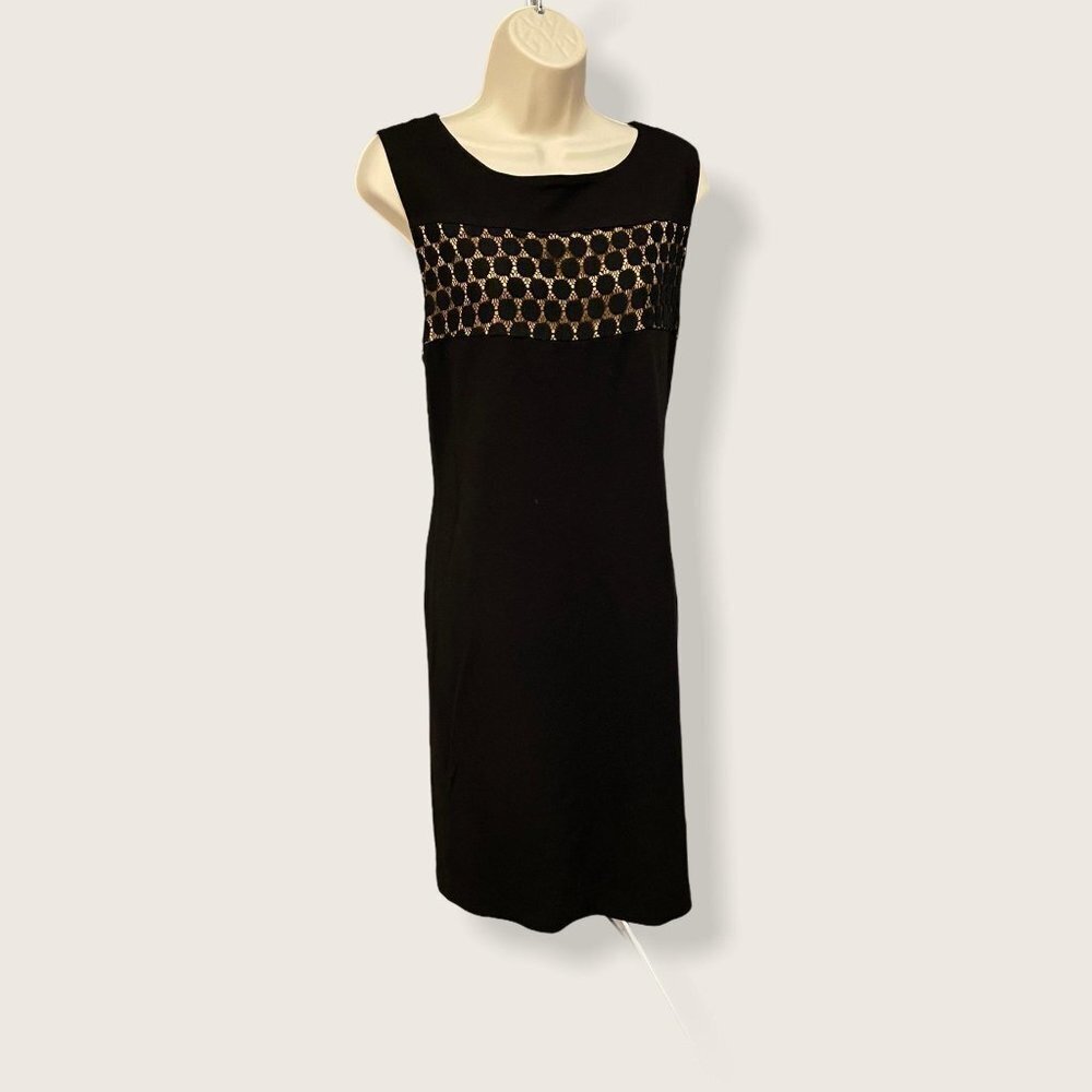 Taylor Sleeveless Black Fitted Midi Dress with Crocheted Detail Sz 14